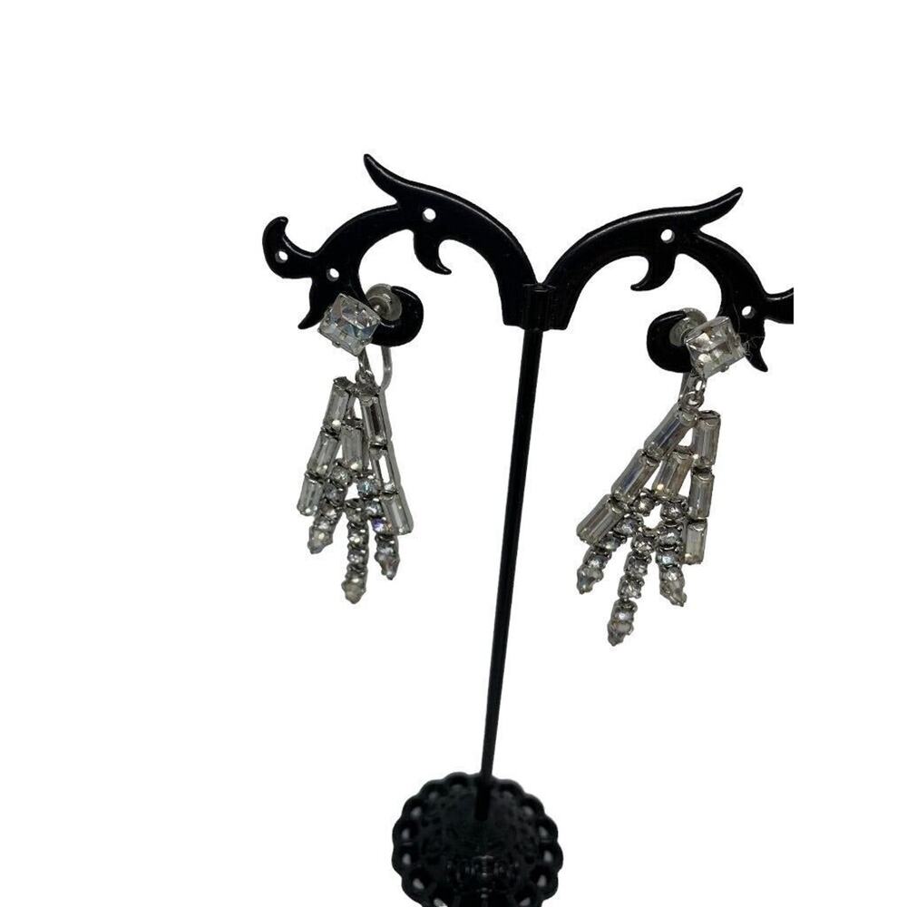 Vintage Rhinestone Earrings Dangle 2" Drop Screwback Non-Pierced - Picture 2 of 8